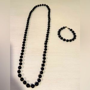 Vintage Onyx and gold 30” bead necklace and  matching 7” bracelet